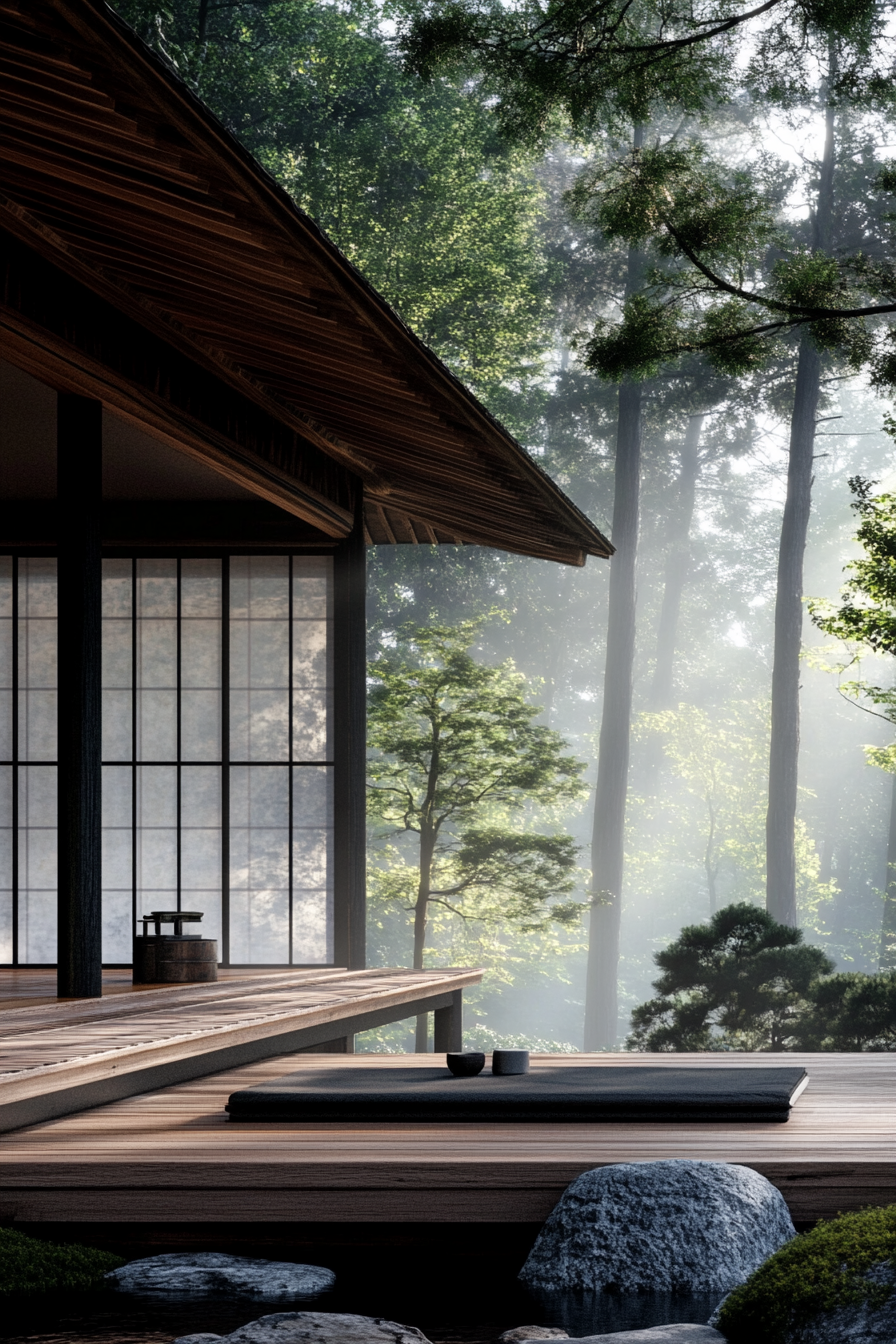 Elevated platform Zen camp concept. Matte black frames with white rice paper sliding shoji screens.