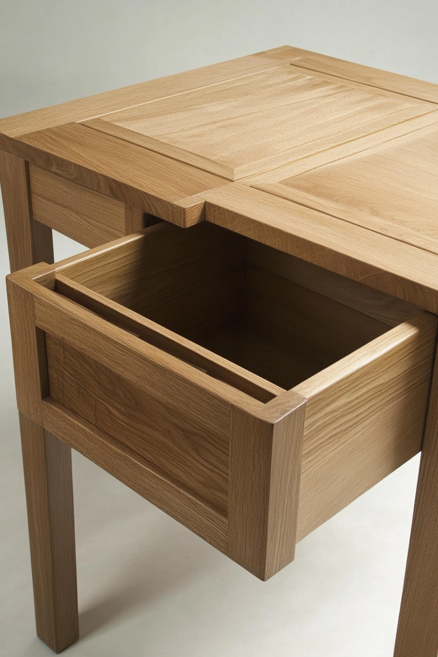 Hidden compartment dining table. Square oak table with hidden drawer.