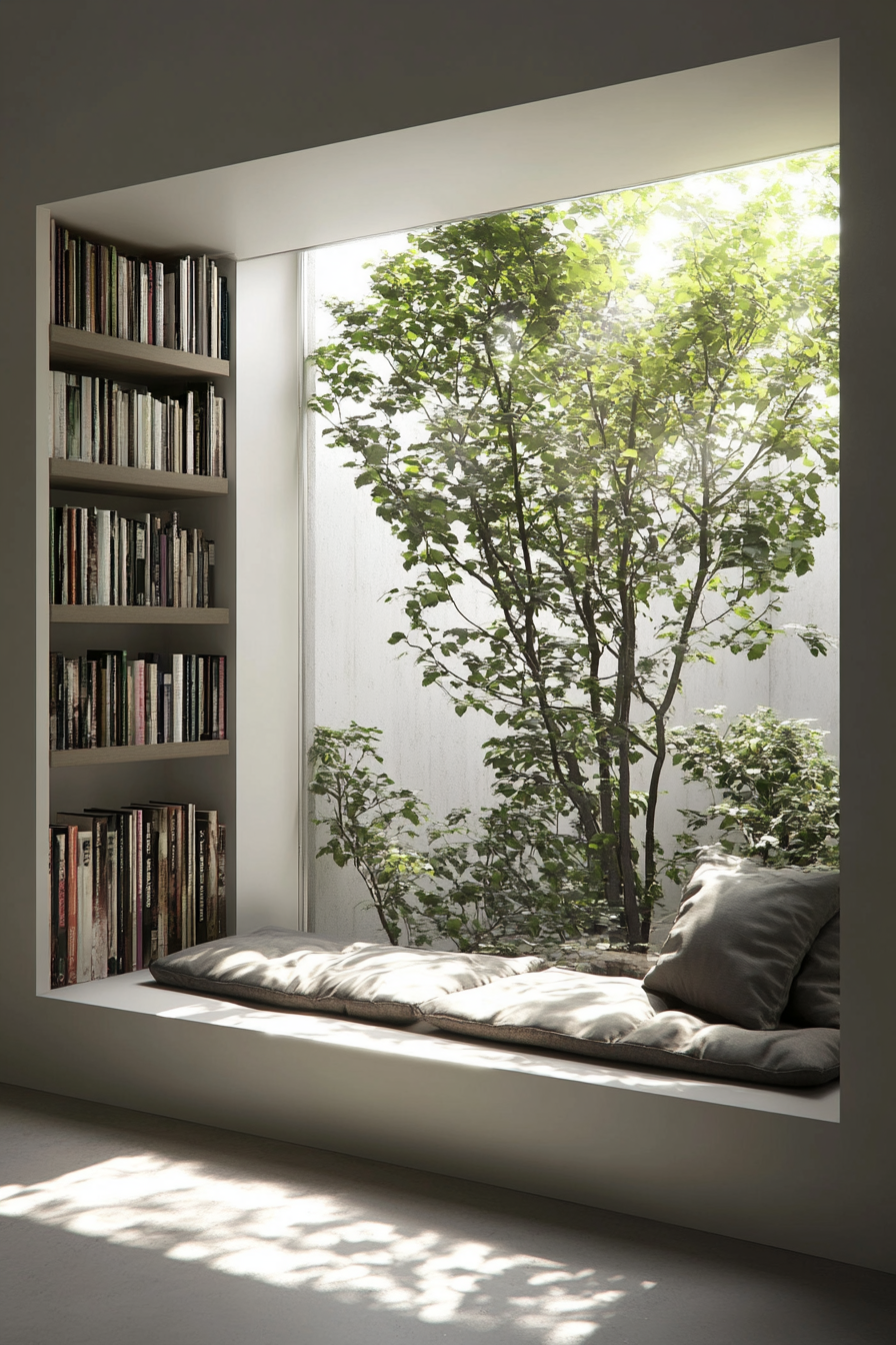 Window alcove concept. Floating bench with built-in book storage.