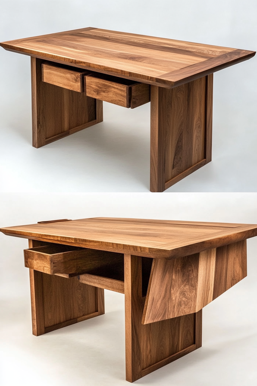 Hidden compartment dining table. Drop-leaf design with concealed storage in the base.