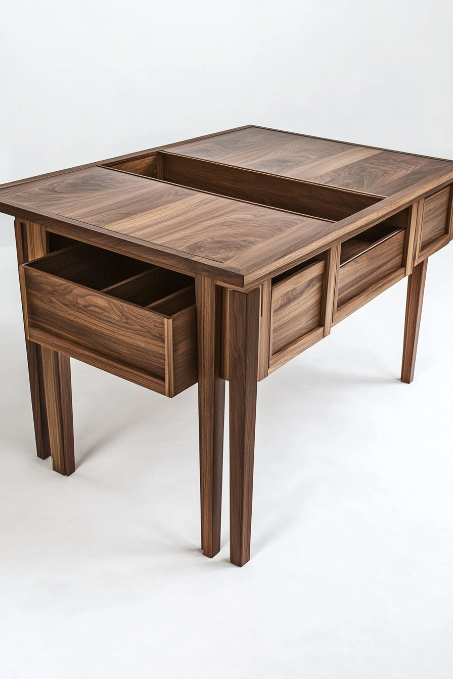 Hidden compartment dining table. Rectangular, walnut finish with chairs storing underneath.