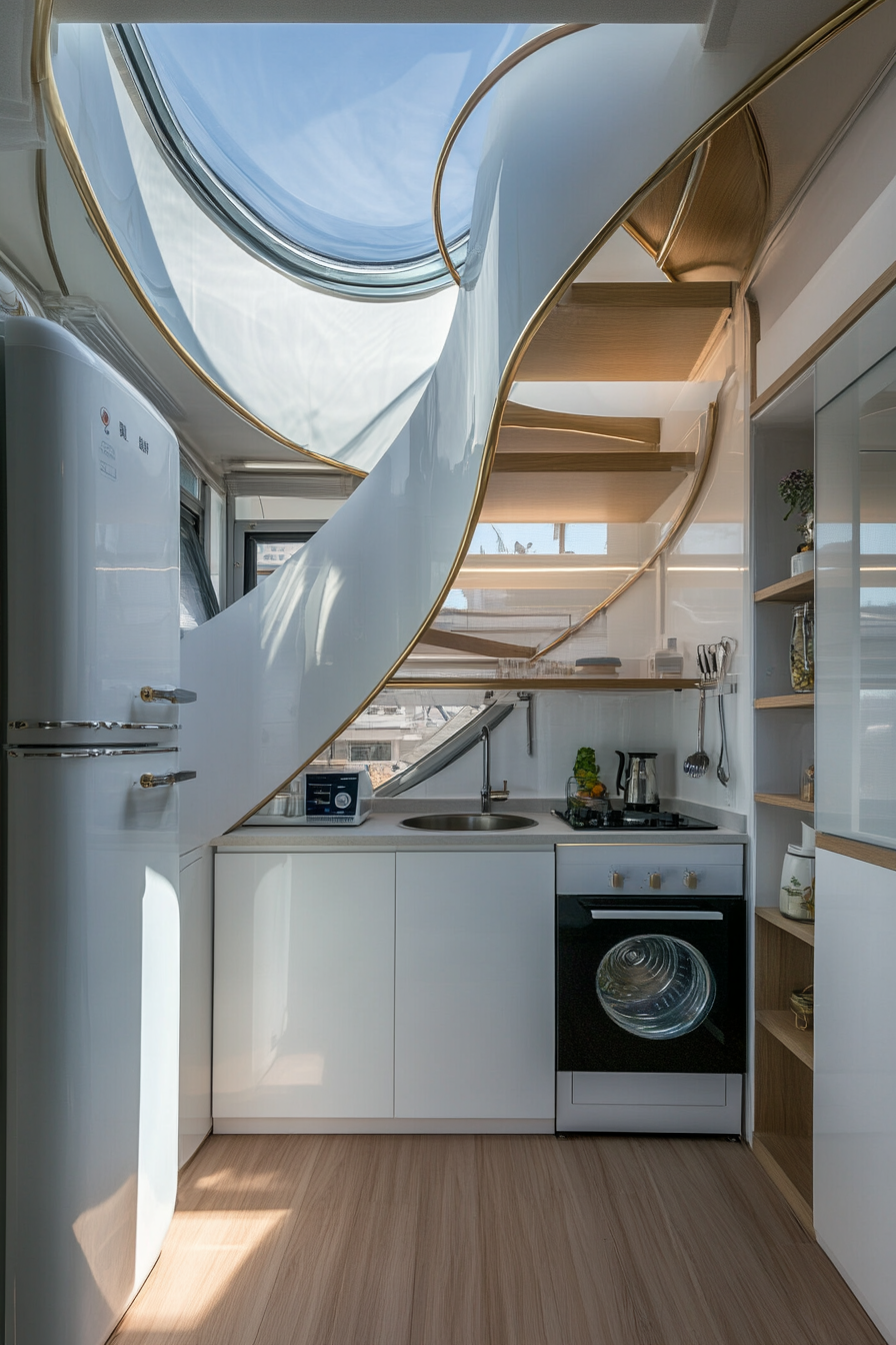 Micro living concept. Spiral staircase to panoramic rooftop, with miniature kitchenette.