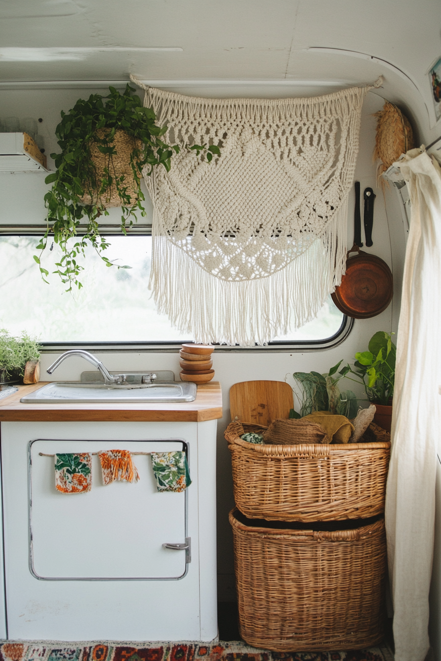 Bohemian camper kitchen. Macramé wall hanging and rattan storage baskets.