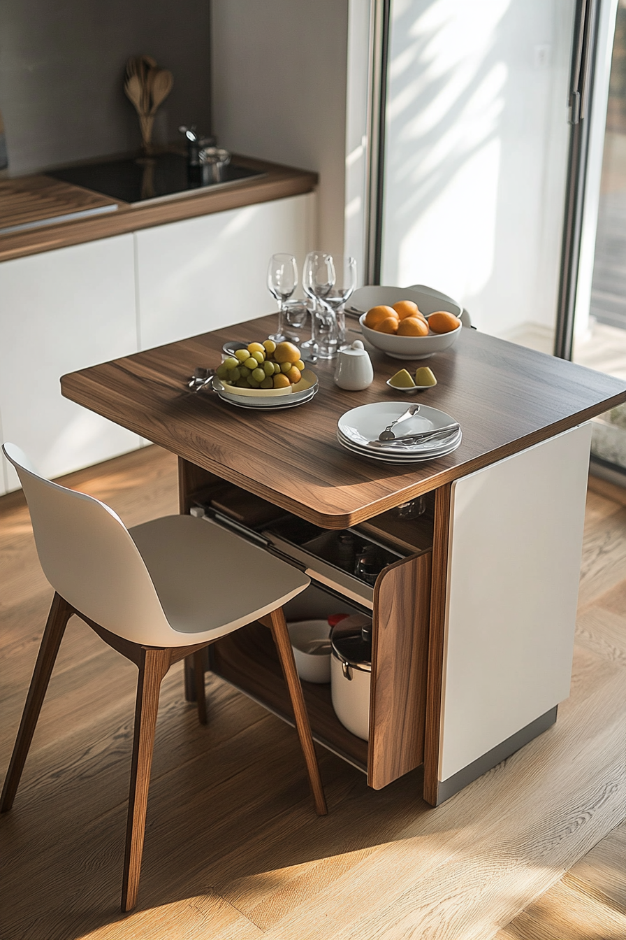 Convertible tiny home piece. Telescopic dining table with hidden chairs.