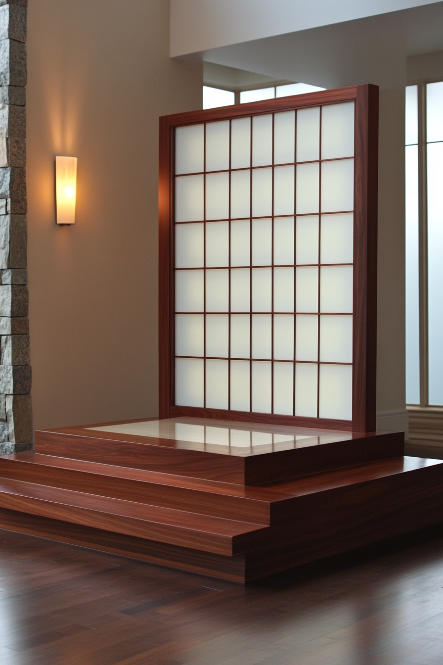 Elevated platform, mahogany, with off-white sliding shoji screen backdrop.