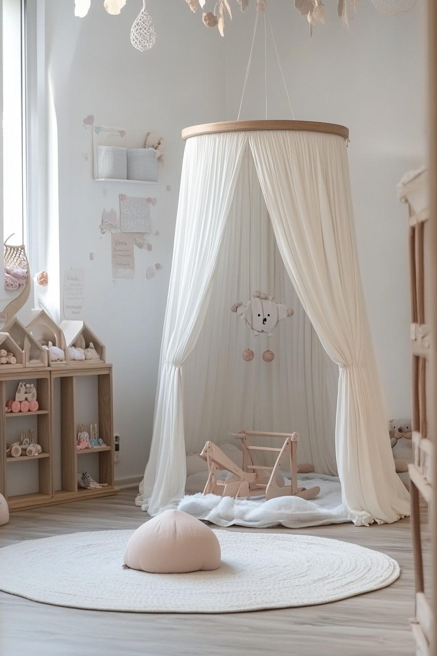 Dreamy play area. Hanging silky white canopy with wooden pastel toy display.