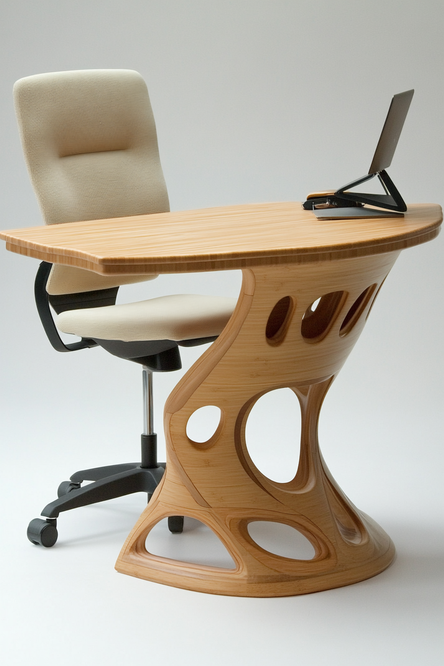 Mobile workspace design. Bamboo desk with beige ergonomic chair.