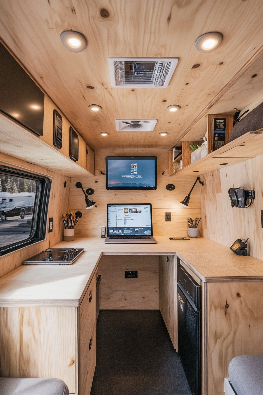 Remote work camper interior. White quartz countertop with built-in plywood desk.