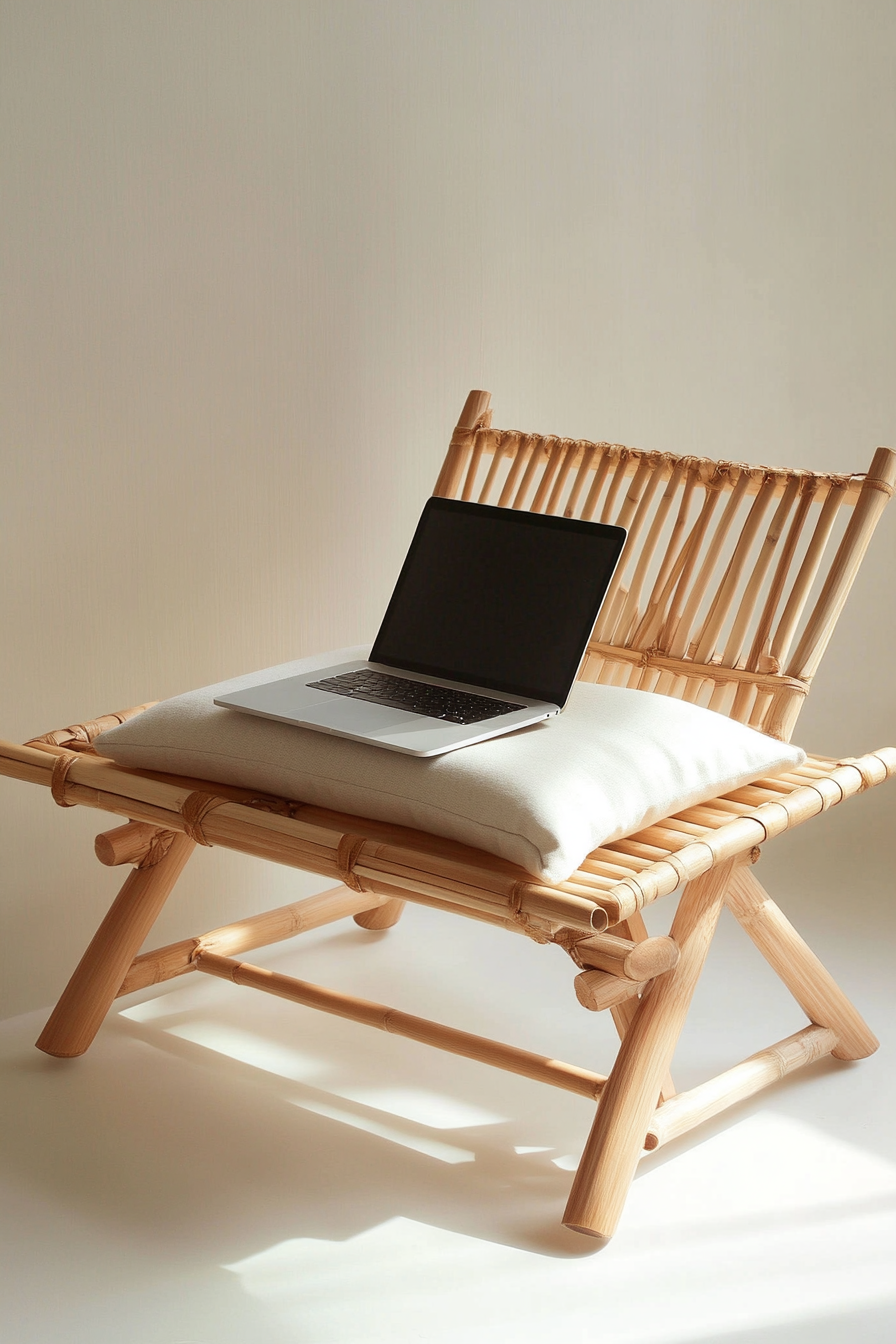 Workspace design. Bamboo laptop table with neutral toned cushion.