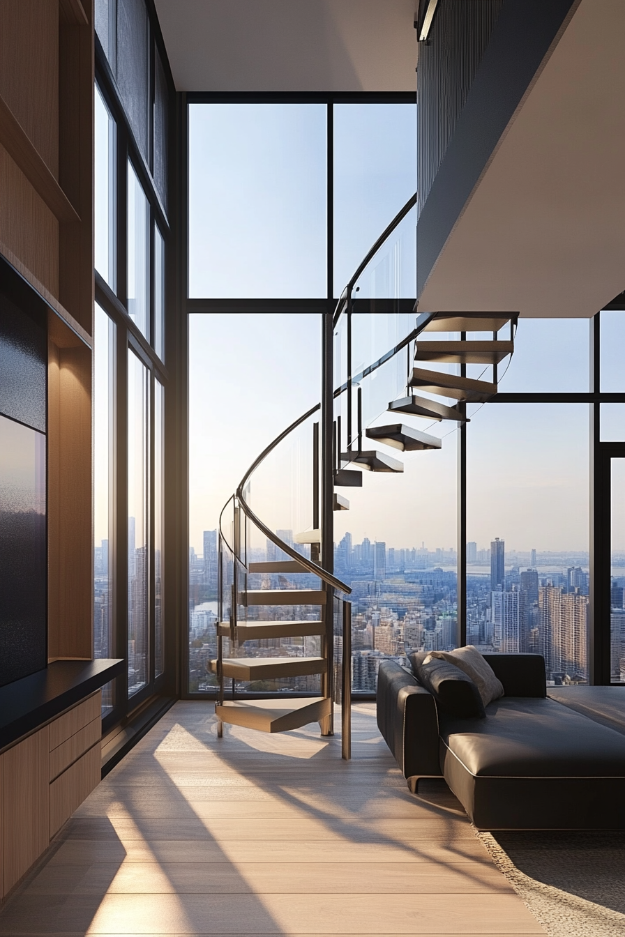 Spiral staircase micro living concept. Stair ends at circular loft with skyline view.