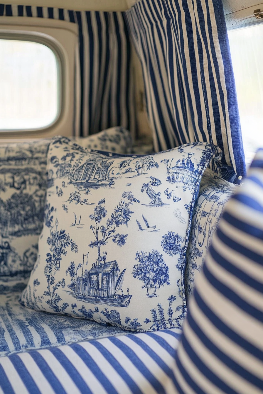 Seaside inspired camper design. Chintz upholstery with navy and white striped curtains.