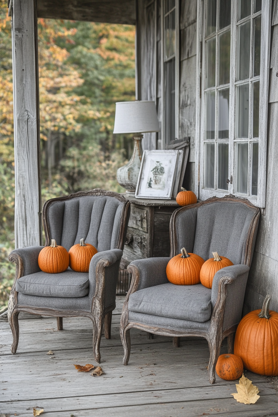 Fall porch. Farmhouse-industrial style with rustic armchairs and orange pumpkins.