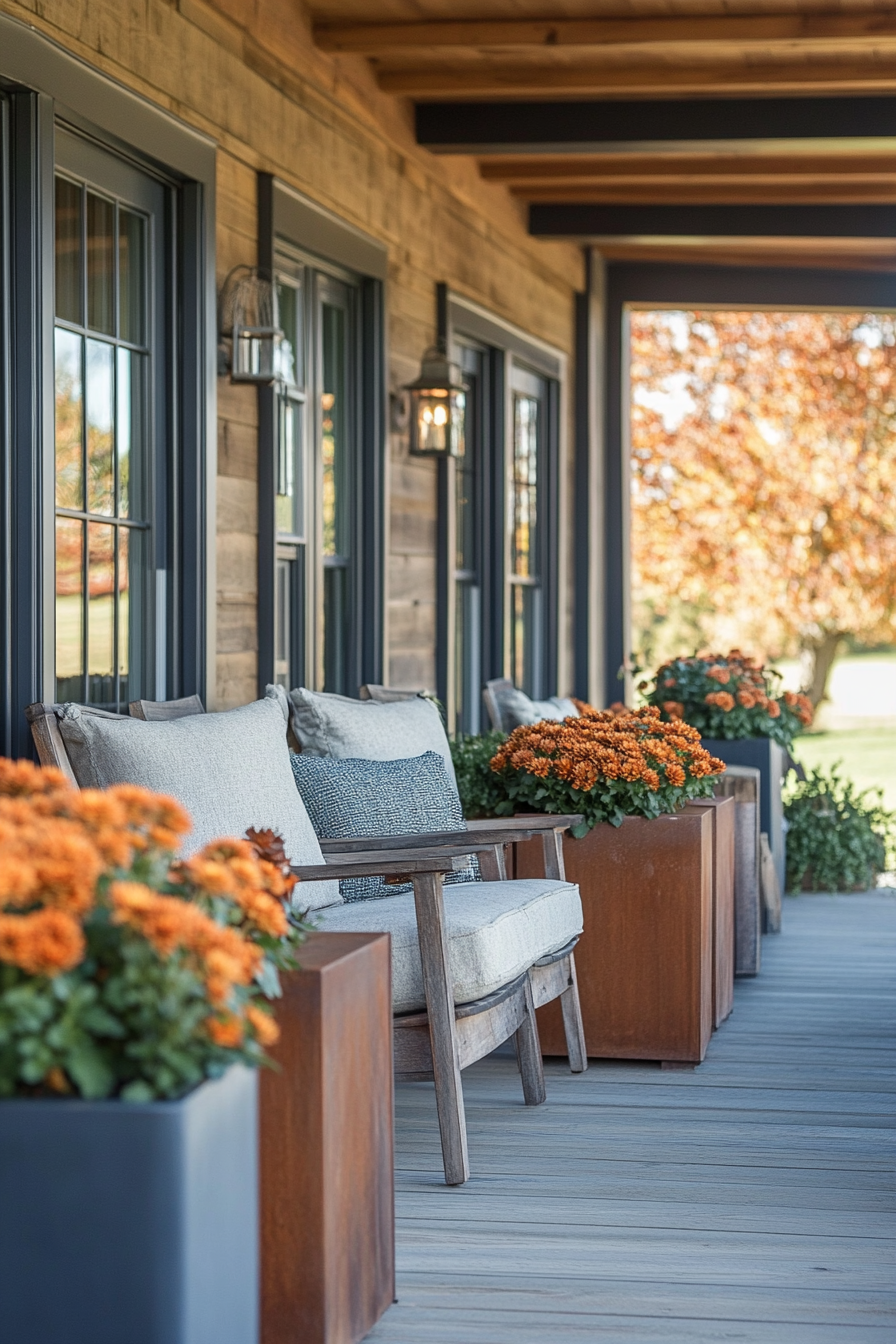 Fall porch. Farmhouse-industrial style with rust-colored chrysanthemums.