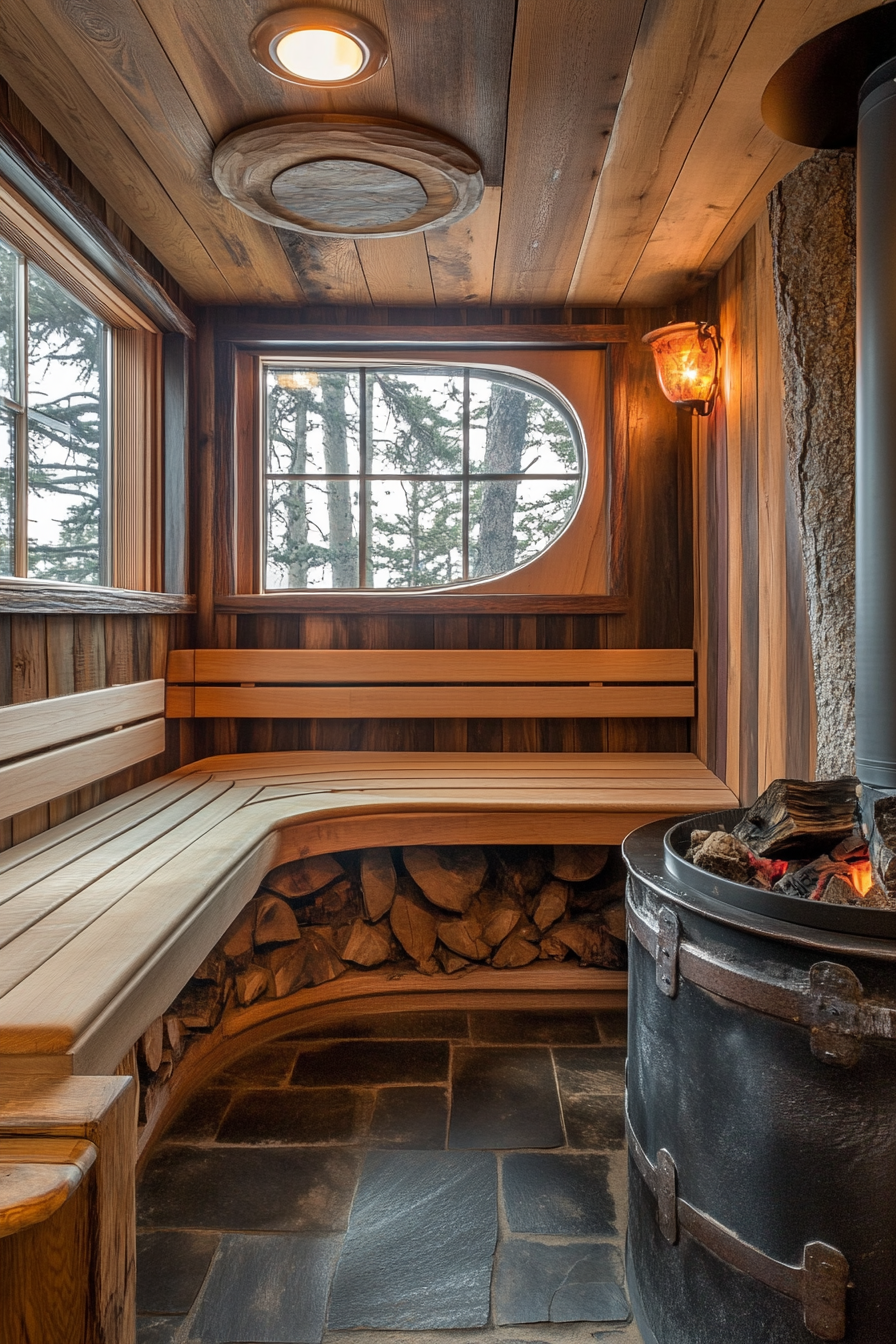 Sauna room design. Cast-iron wood-burning stove with cedar tiered benches.