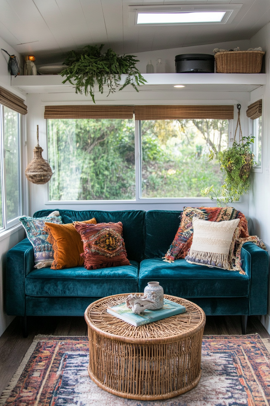 Bohemian tiny home upper level design. Velvet couch with Rattan coffee table.