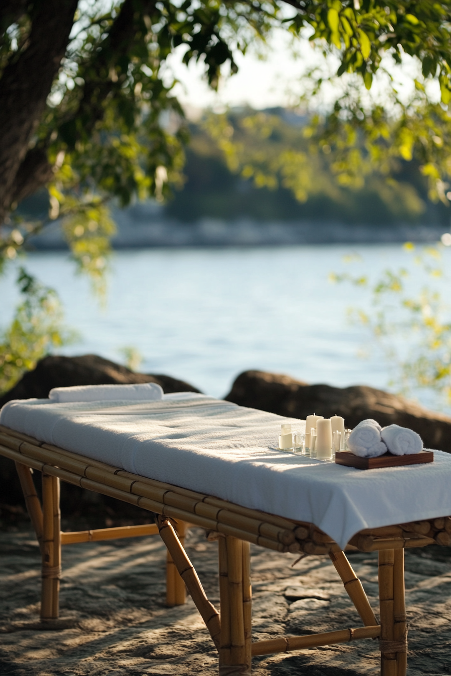 Outdoor massage table. Bamboo-made setup near waterfront.