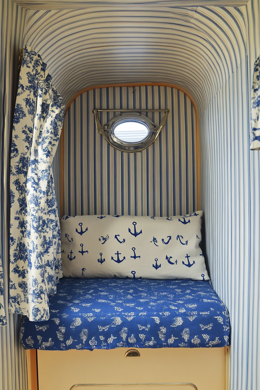 Camper design. Nautical striped wallpaper with chintz anchor motif curtains.