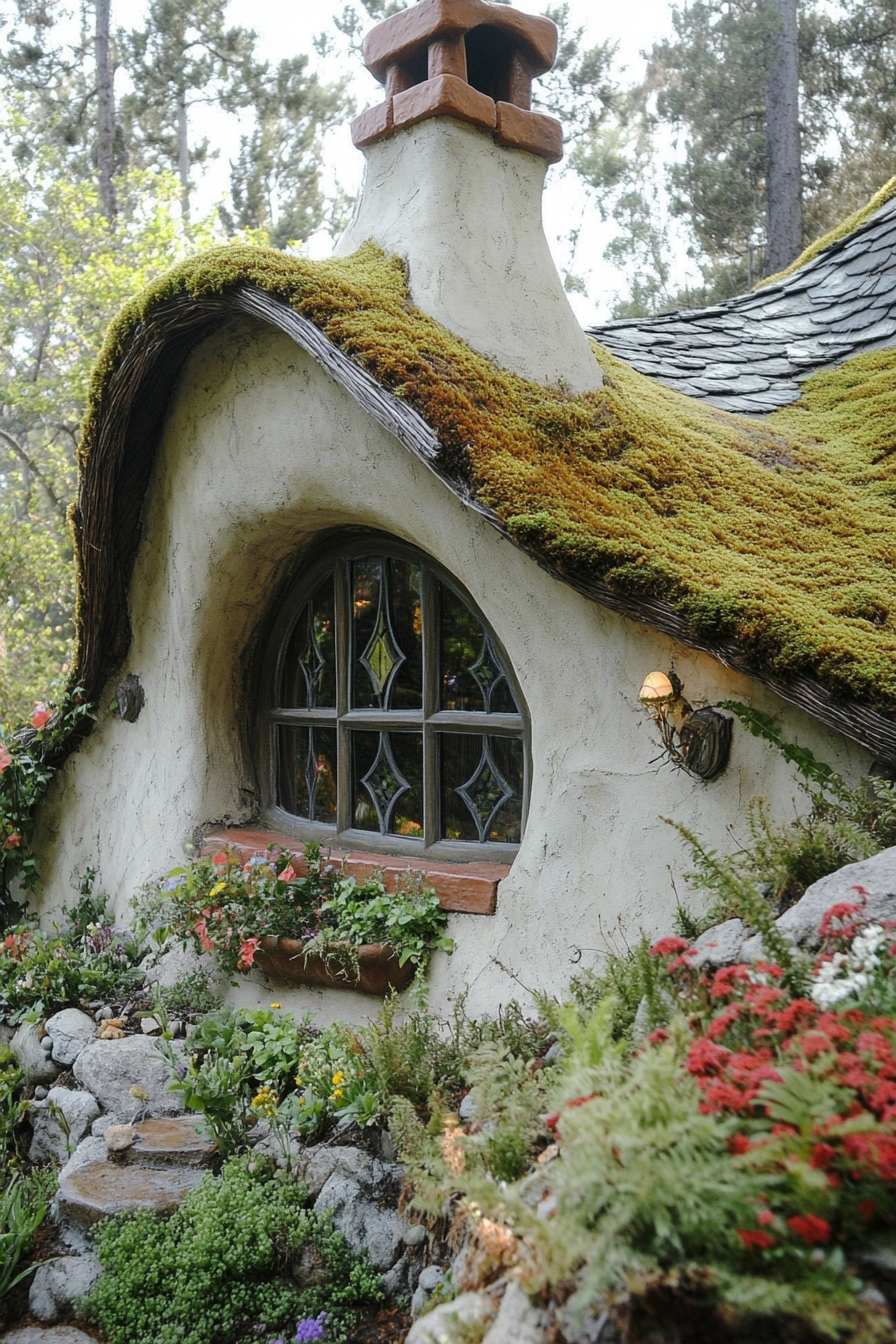 Fairytale micro home design. Crooked chimney, moss-laden thatched roof, stucco walls.