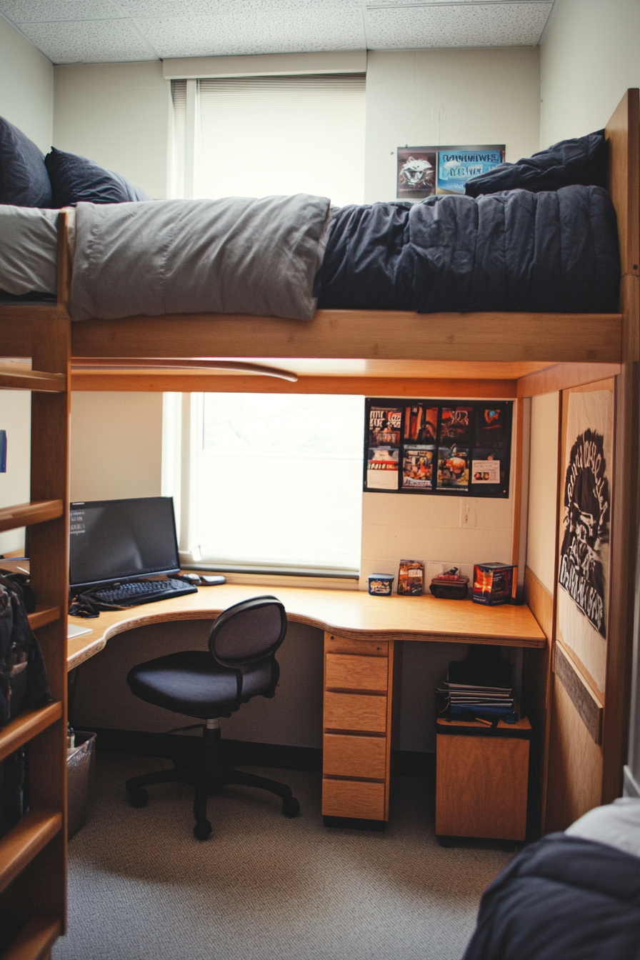 Student dorm room. Minimalist bamboo furniture with monochrome bedding.