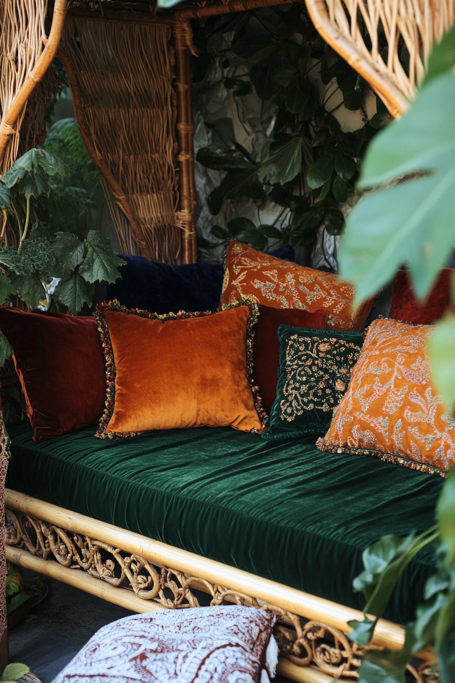 Velvet and Rattan Bohemian tiny home design. Rattan bed frame, jewel-toned velvet cushions.