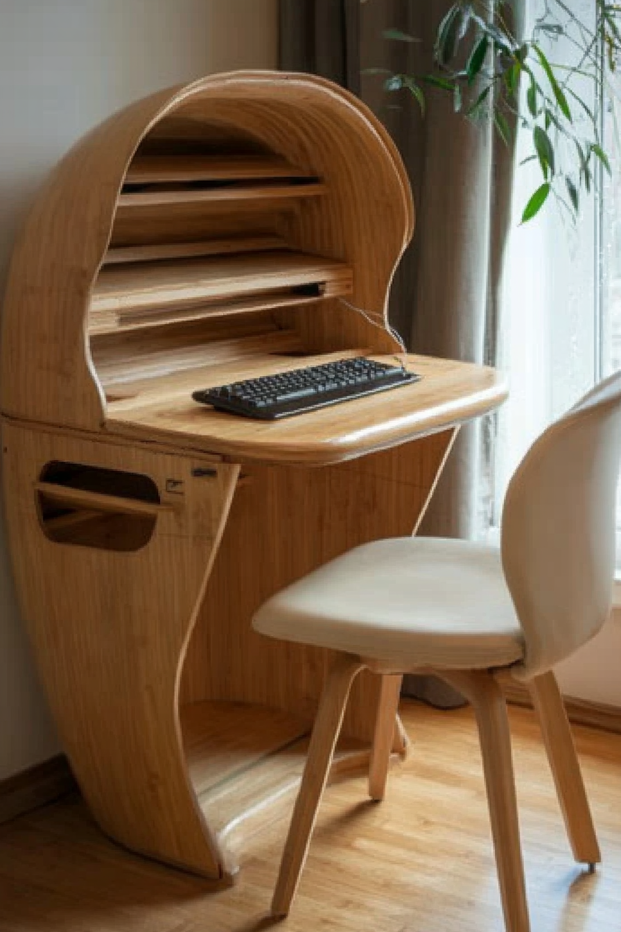 Compact workspace idea. Bamboo desk paired with beige ergonomic chair.