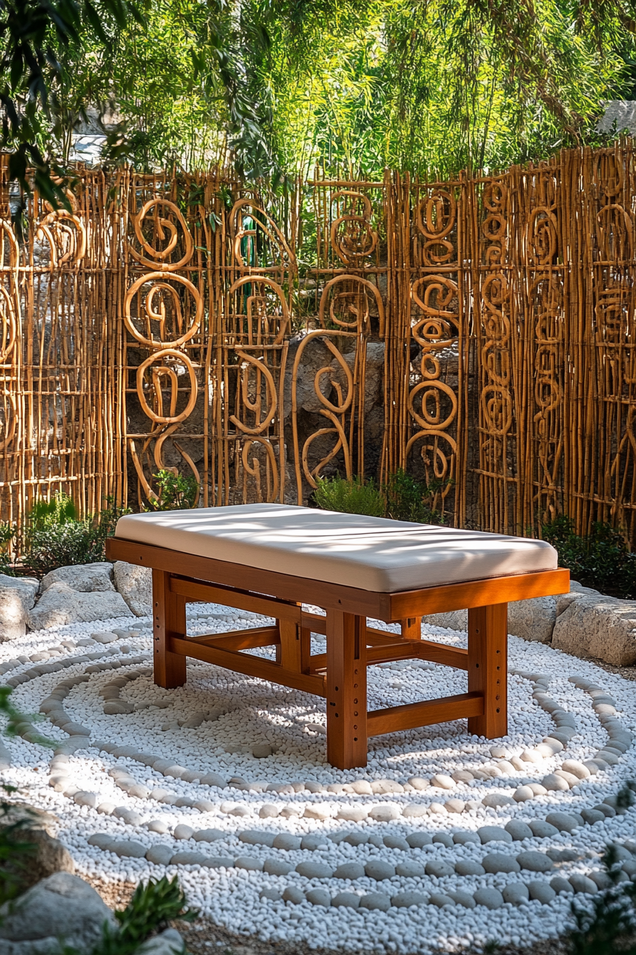 Outdoor massage table. Wooden, surrounded by bamboo screens. Meditation labyrinth layout. Classic 7-circuit design with white pebbles.