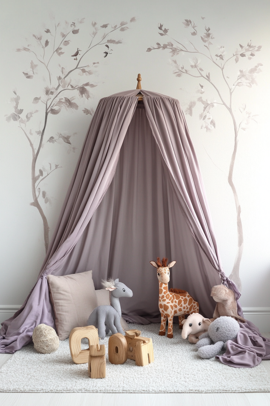 Dreamy play area. Silk canopy in dusky lavender, displayed with wooden toy animals.