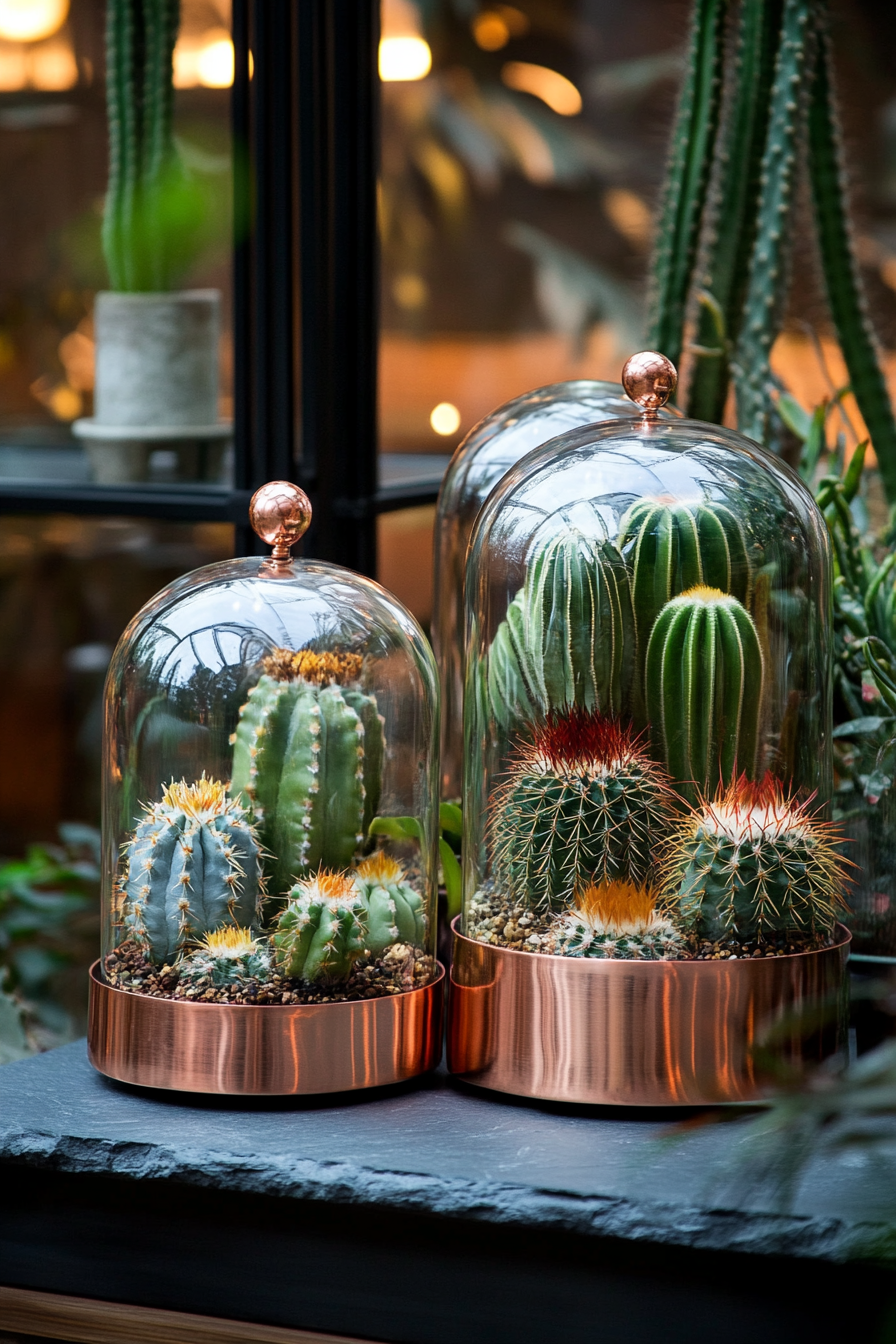 Space display. Copper terrariums with various cacti on a slate coffee table.