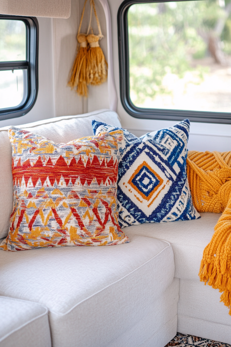 Fall RV decor. Geometric pattern throw pillows in primary colors.