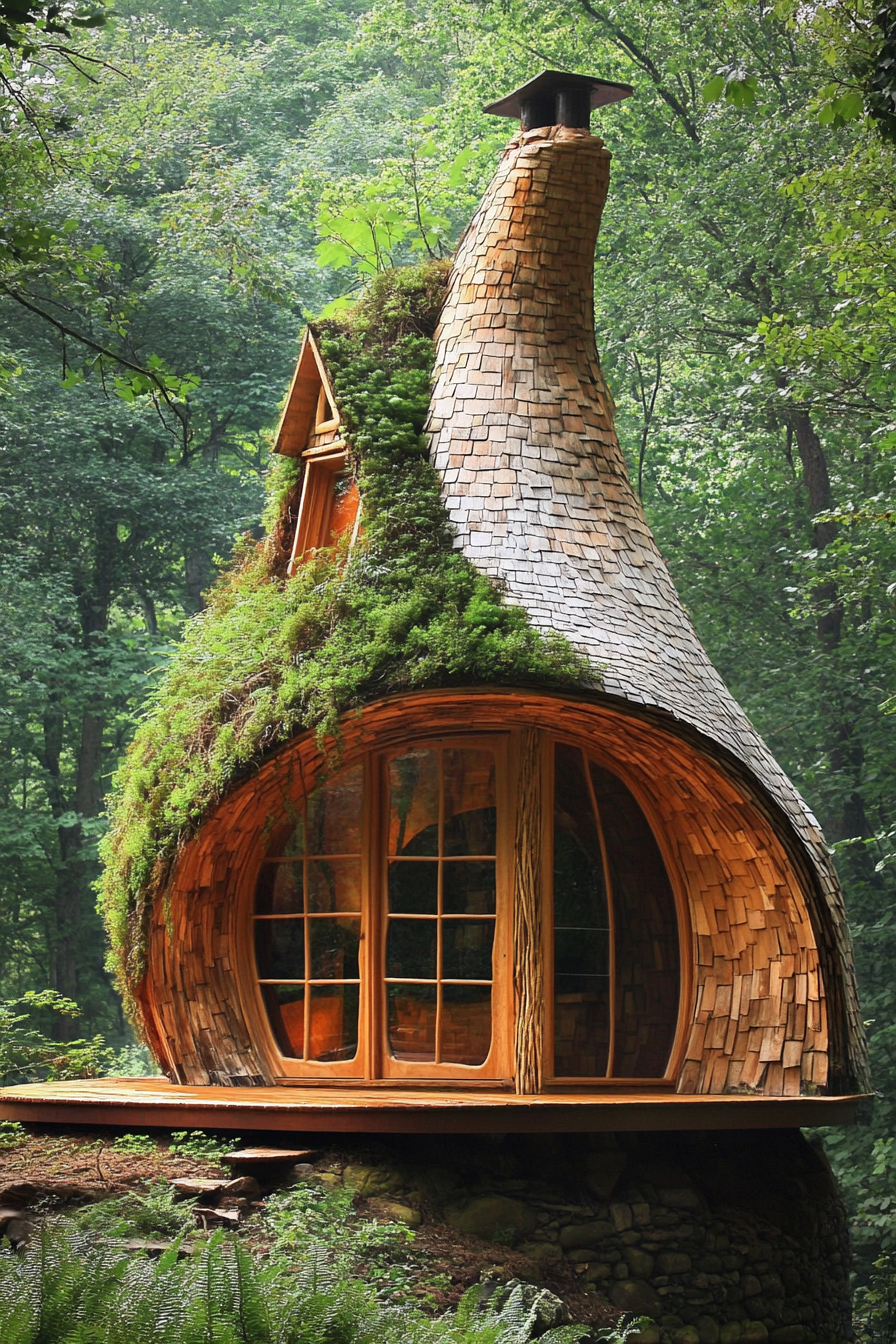 Micro home design. Twisted soak chimney with moss-covered thatched roof.