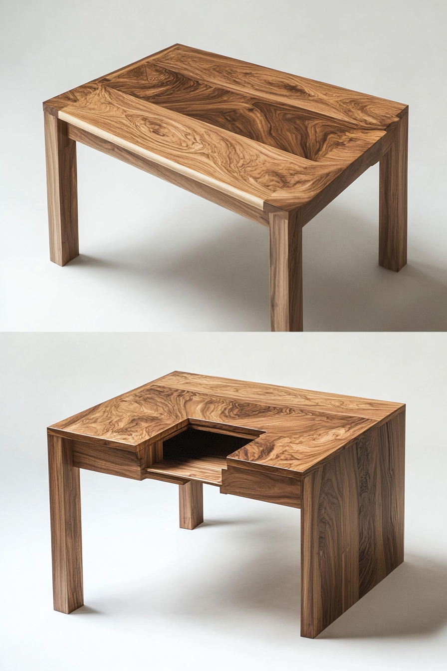 Hidden compartment dining table. Compact, rectangular, with a hidden mid-section compartment.