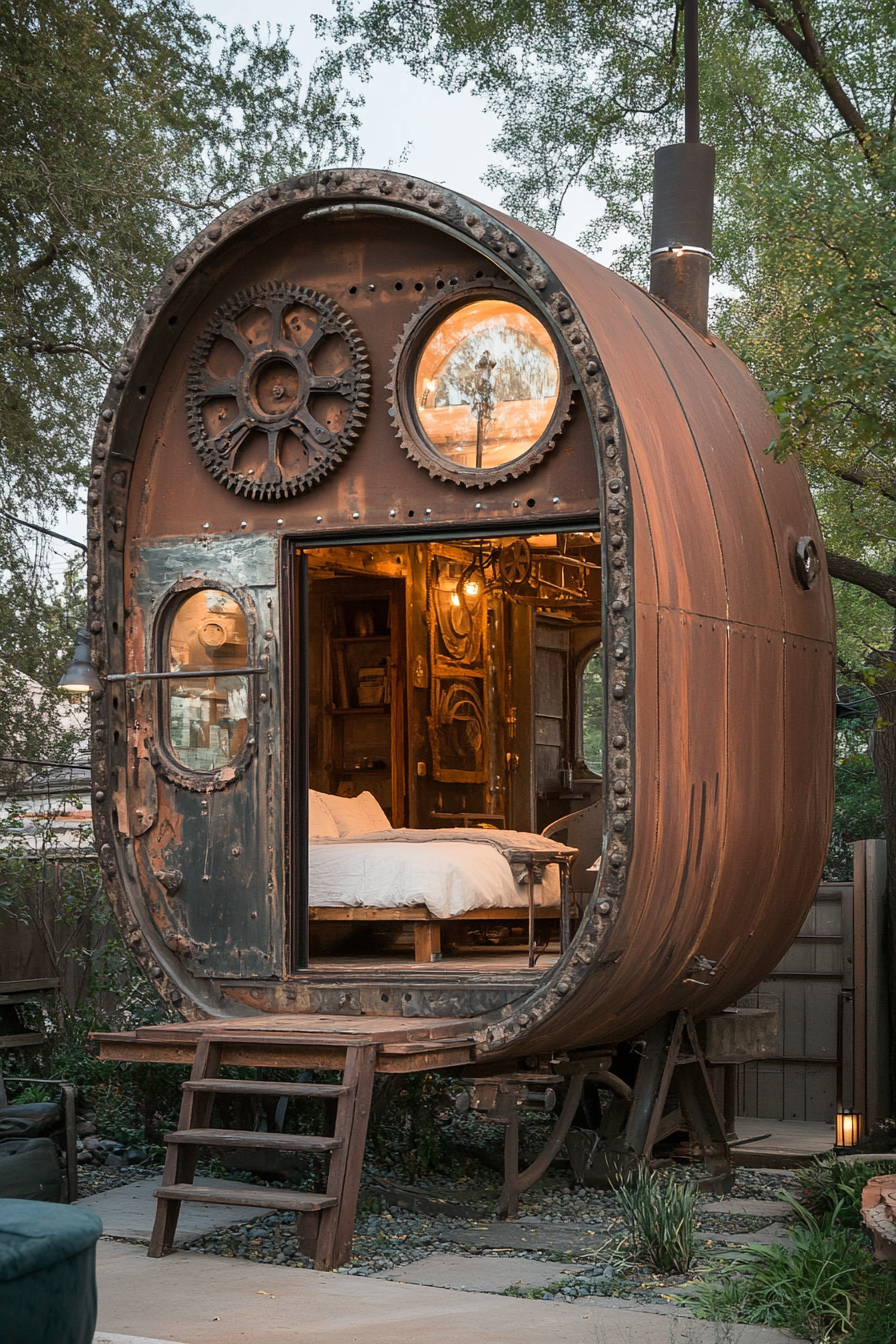 Micro home. Rusty iron exterior with splendid penny-farthing gear detailing.