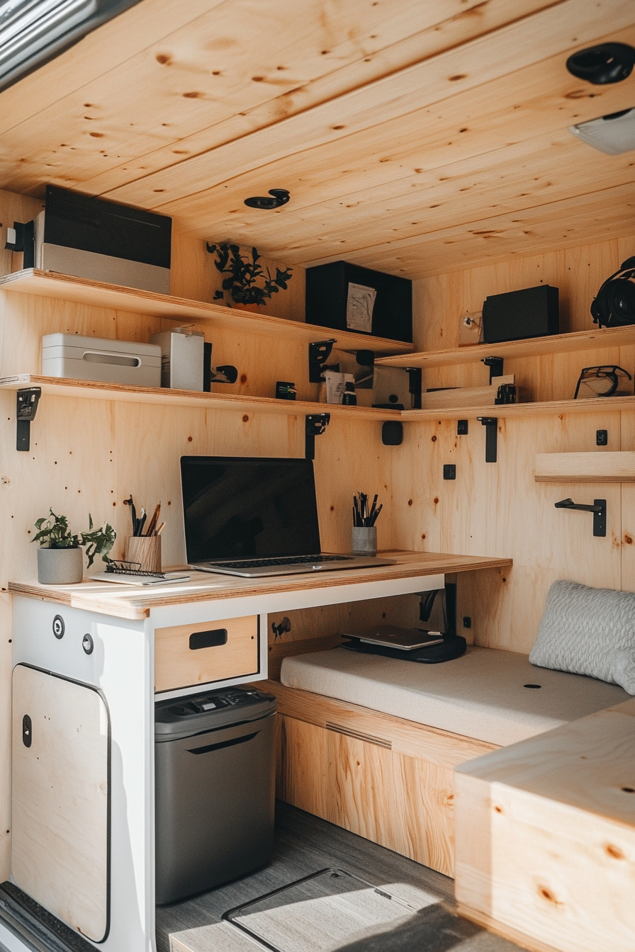 Remote work camper interior. Having a spacious white desk and various plywood wall shelves.