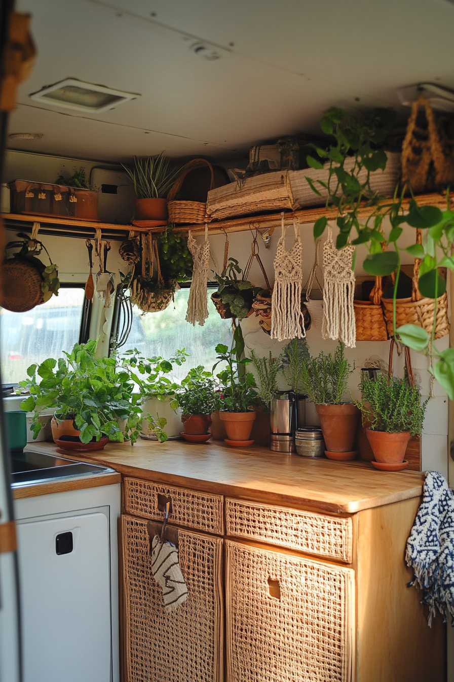 Bohemian camper kitchen. Rattan cabinets with tied macramé plant hangers.