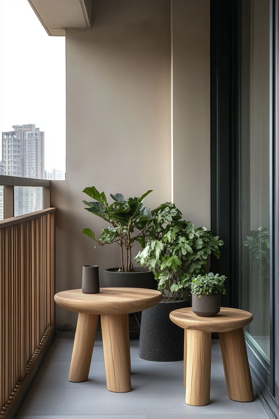 Japandi Balcony Design. Minimalist wooden furniture with muted green potted plants.