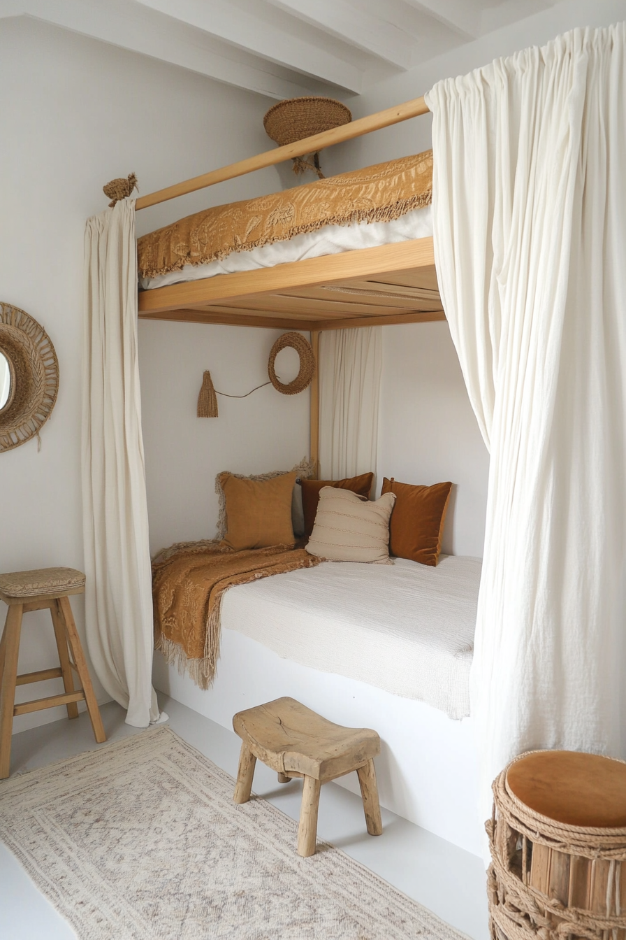 Tiny boho home design. Neutral tones, rattan loft bed and velvet drapes.