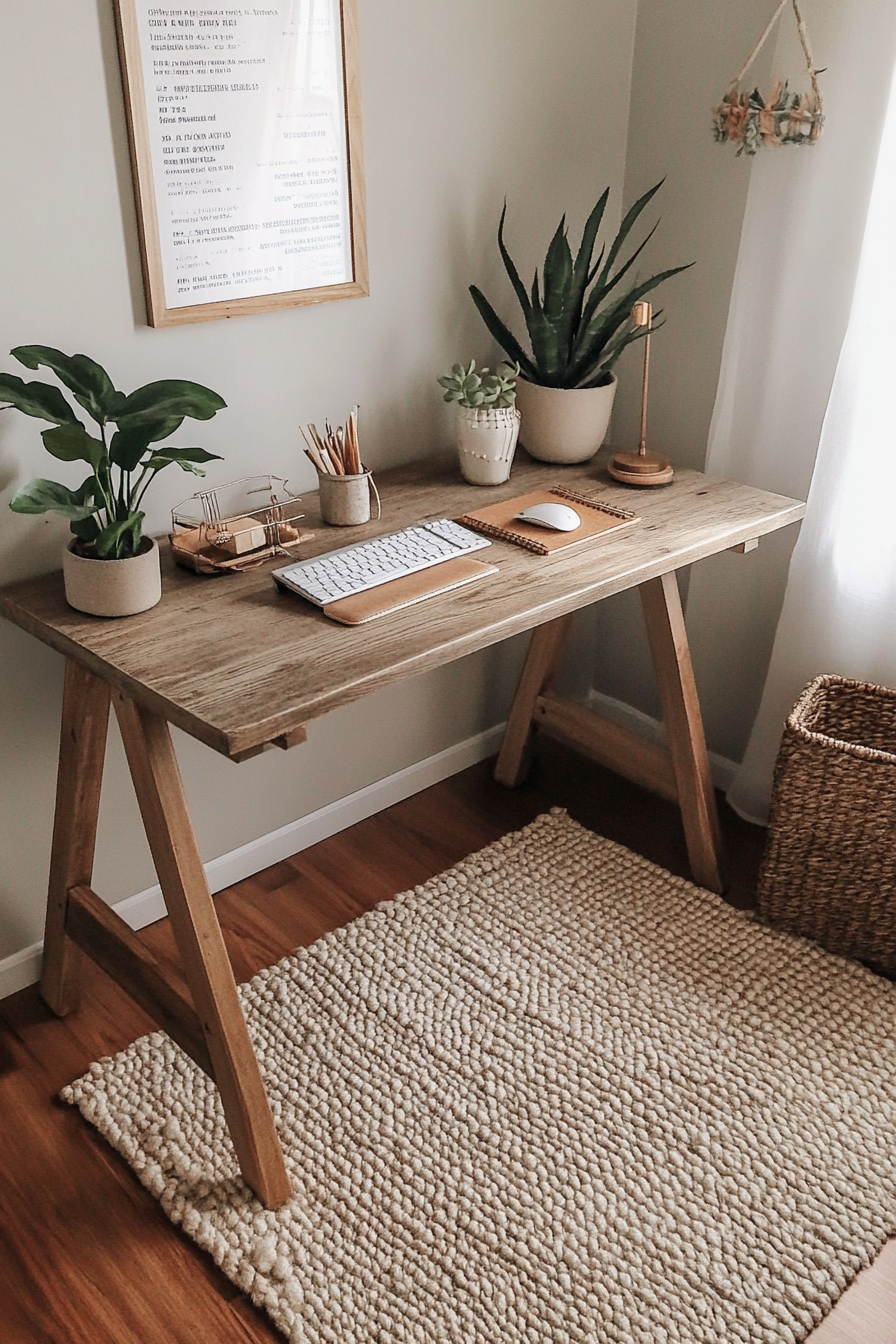 Japandi student dorm room. Minimalist wooden desk with succulent and a neutrally toned rug.