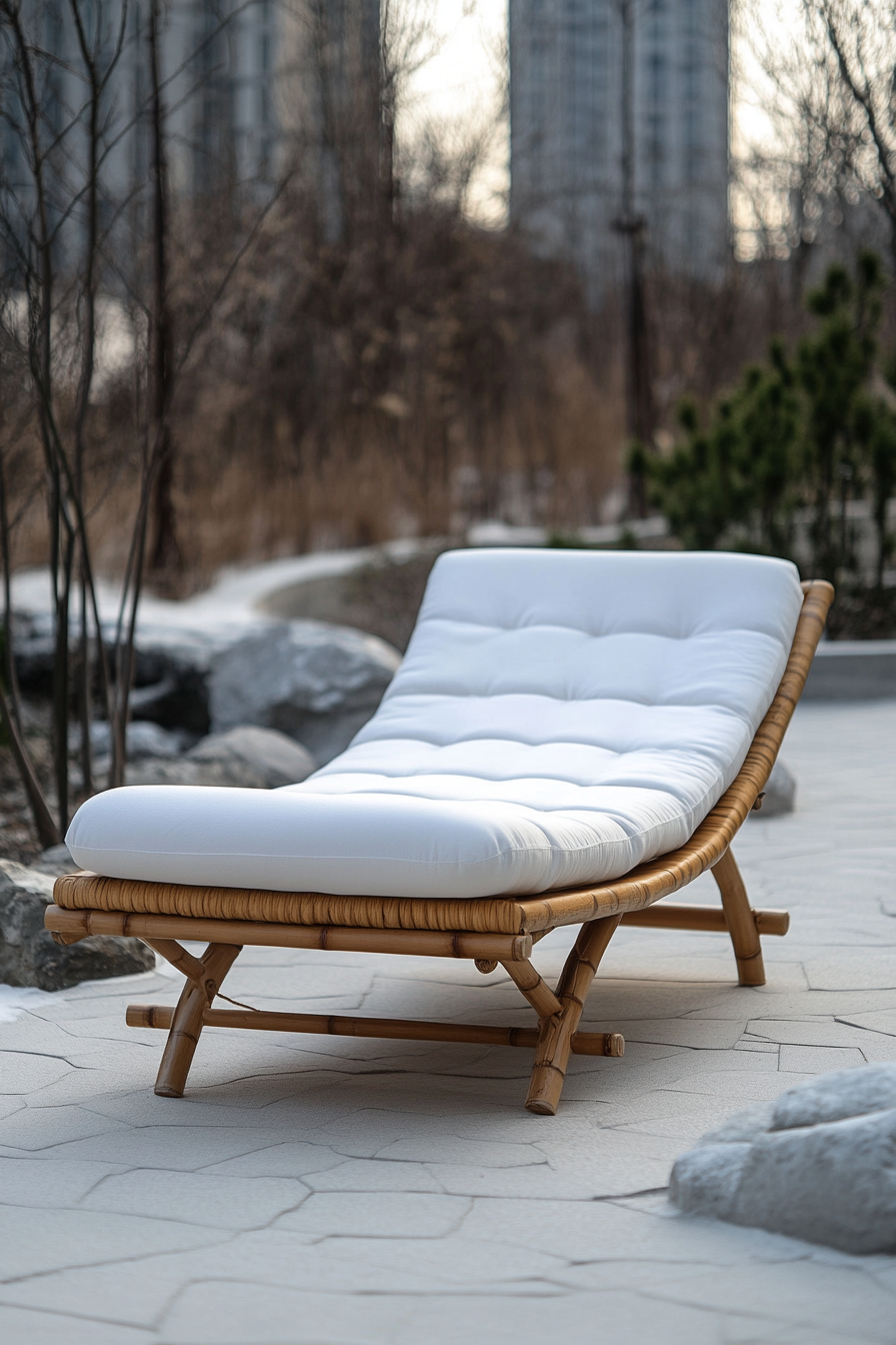 Outdoor massage table. Bamboo material, white cushioning. Meditation labyrinth layout. Eightfold path design.