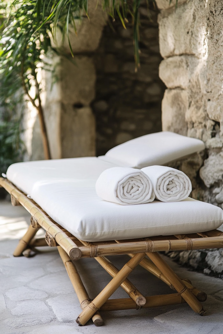 Outdoor massage table. Bamboo structure with off-white cotton cushions.