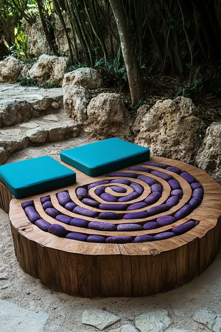 Outdoor Massage Table. Wooden, adorned with soft blue cushions. Meditation Labyrinth Layout. Circular, made of purple hued stones.