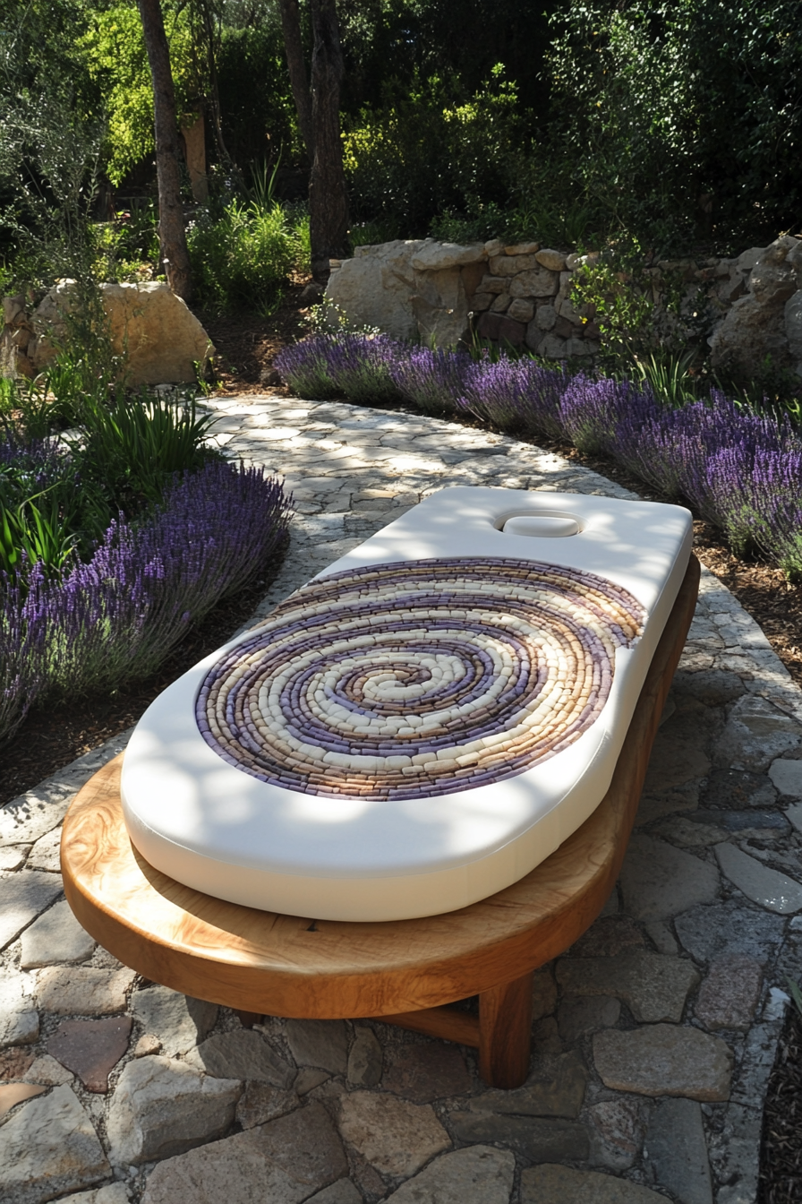 Outdoor massage table. Wooden with white linen padding. Meditation labyrinth layout. Spiraling stone pattern with lavender lining.