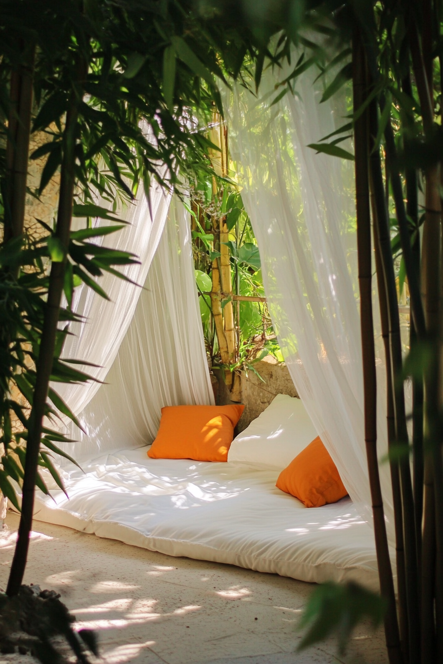 Sleeping nook. White mosquito net drapes and towering bamboo plants.