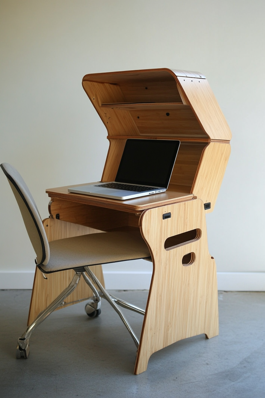 Mobile workspace design. Bamboo laptop desk and beige office chair.