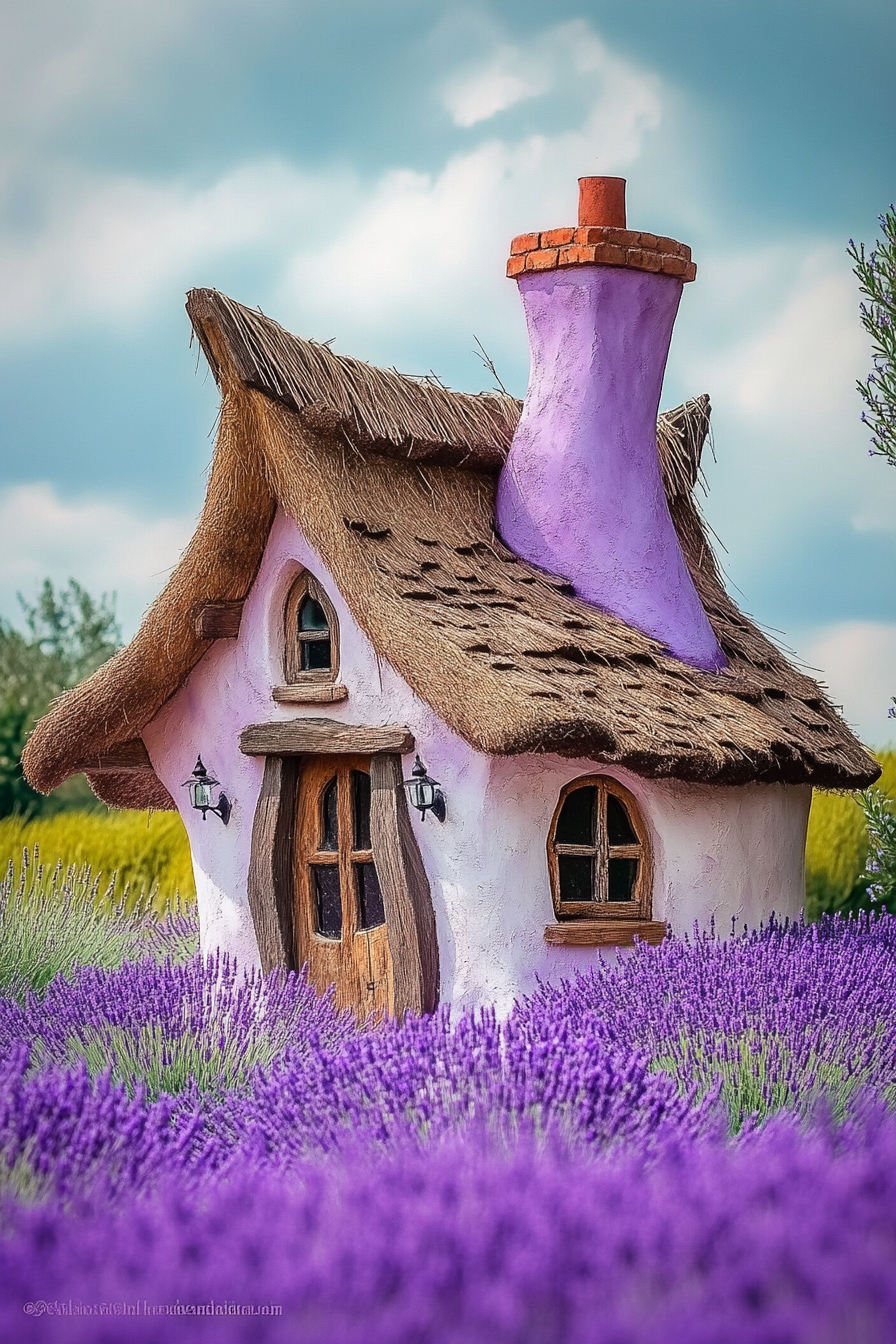 Fairytale micro home design. Crooked chimney and thatched roof in lavender fields.