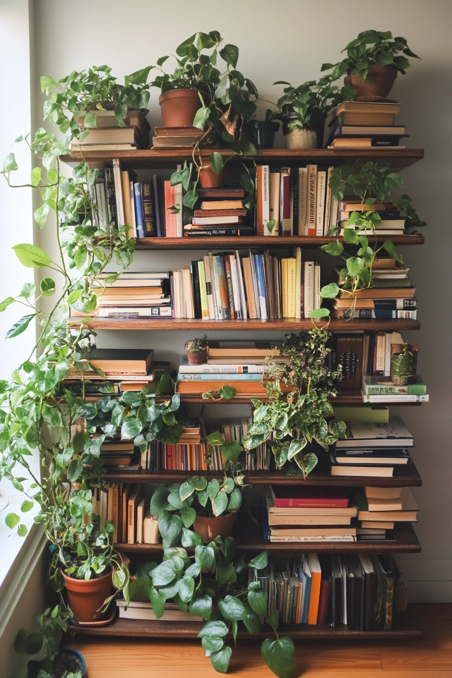 Japandi student dorm room. Minimalist bookshelf with lush indoor plants.