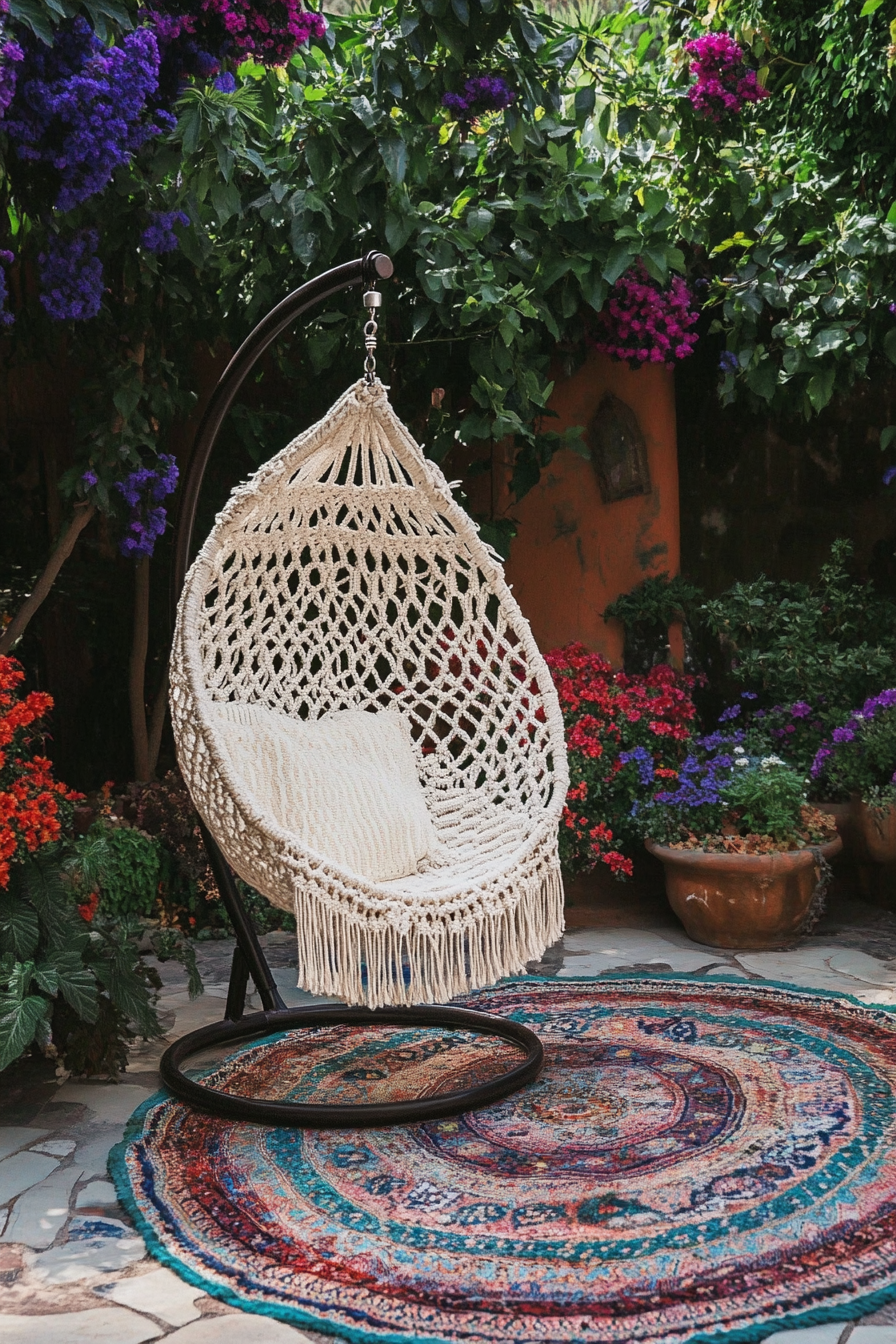 Bohemian Patio. Macramé hanging chair canopy on a wrought iron stand, beside multi-colored Kilim rugs.