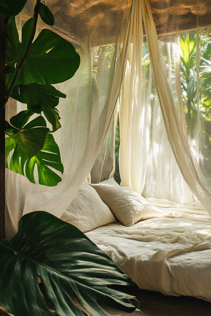 Sleeping nook. Mosquito net drapes and monstera deliciosa plant.