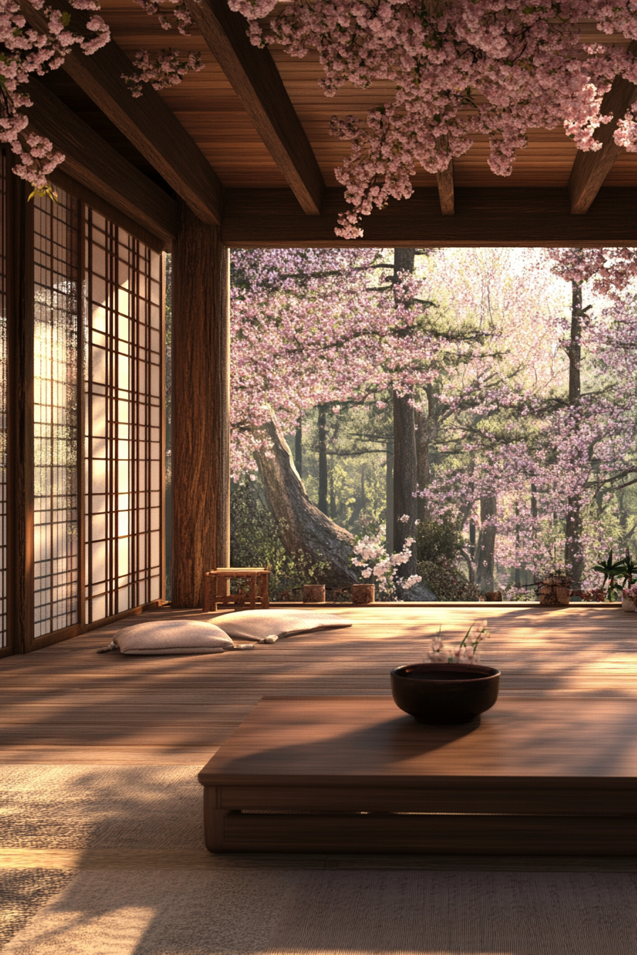 Elevated platform zen camp concept. Earthen each town, bamboo sliding shoji screens, potted cherry blossoms.