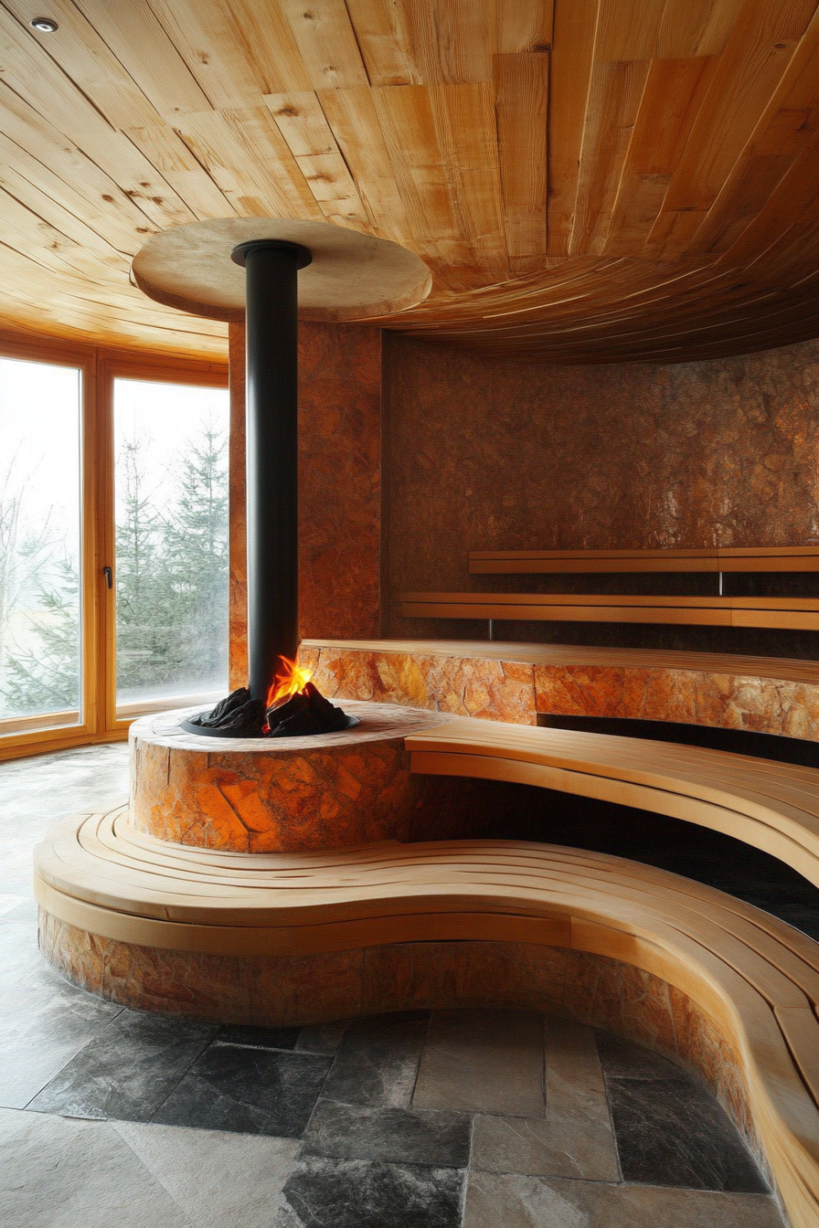 Sauna room design. Circular wood-burning stove with spiral tiered benches.