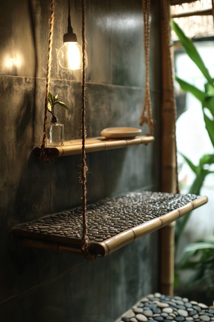 Tiny eco-bathroom concept. Hanging bamboo shelf over pebble-floored shower.